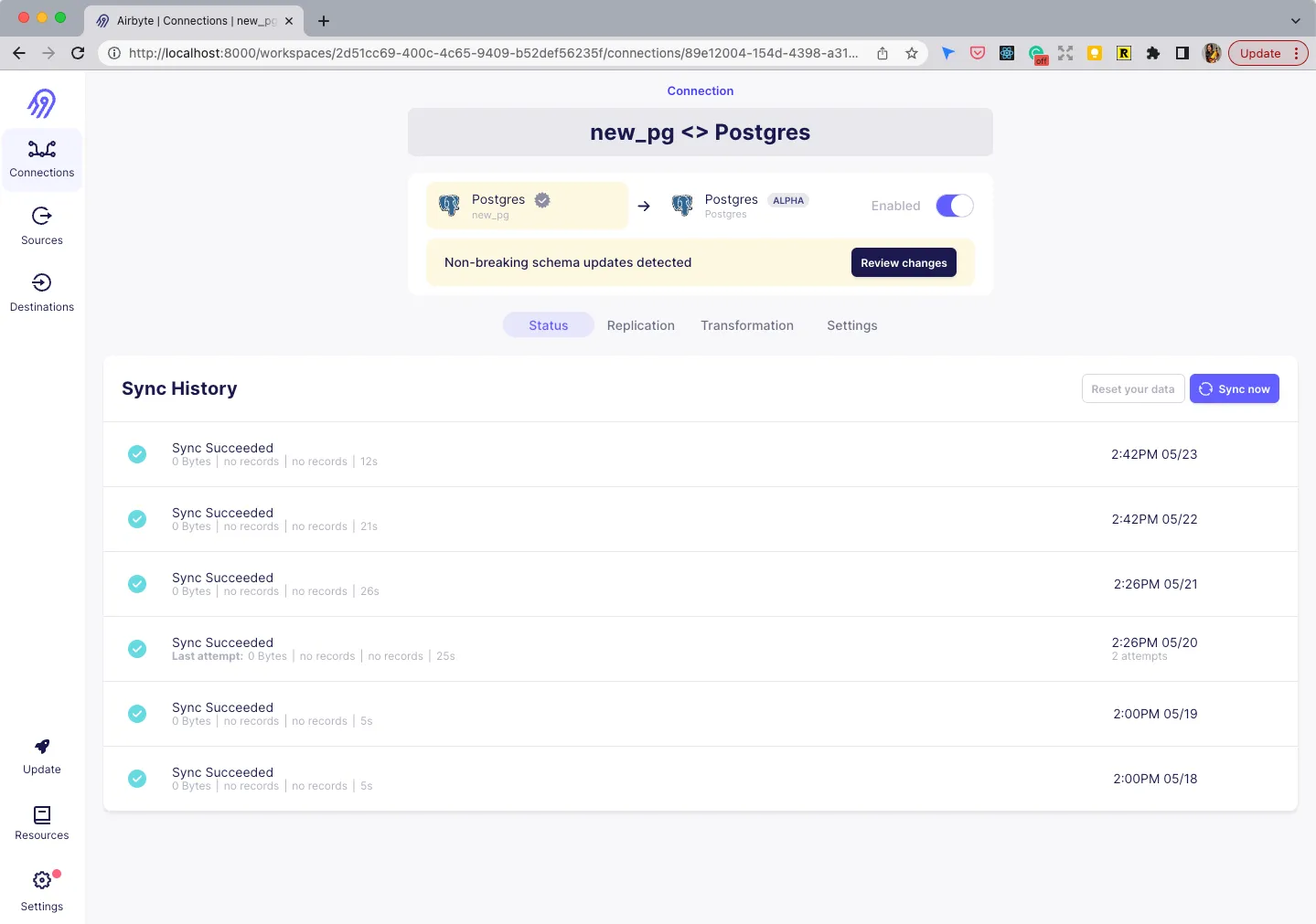 Airbyte UI with connection configure